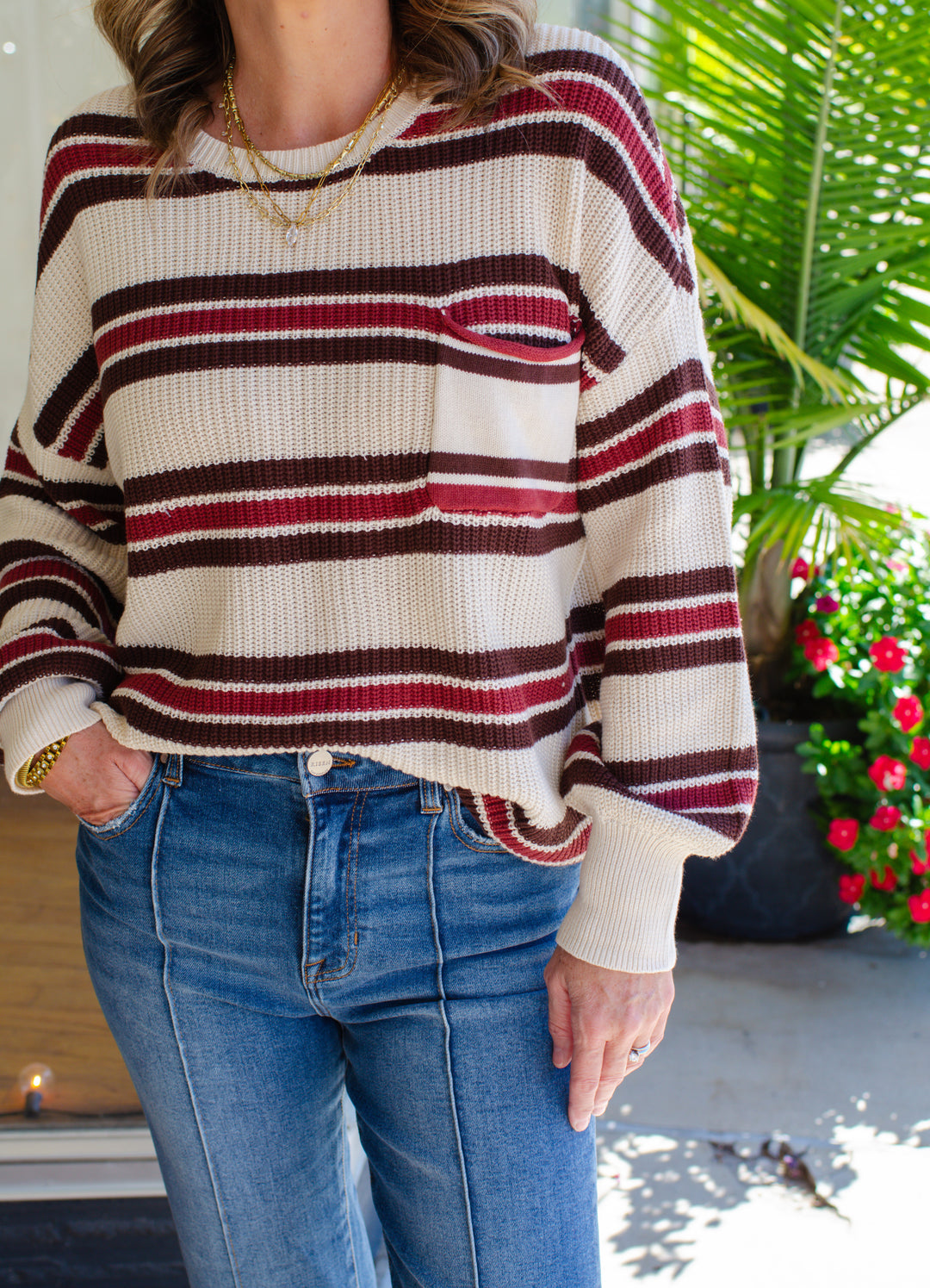 Autumn Colors Stripe Pocket Front Long Sleeve Sweater