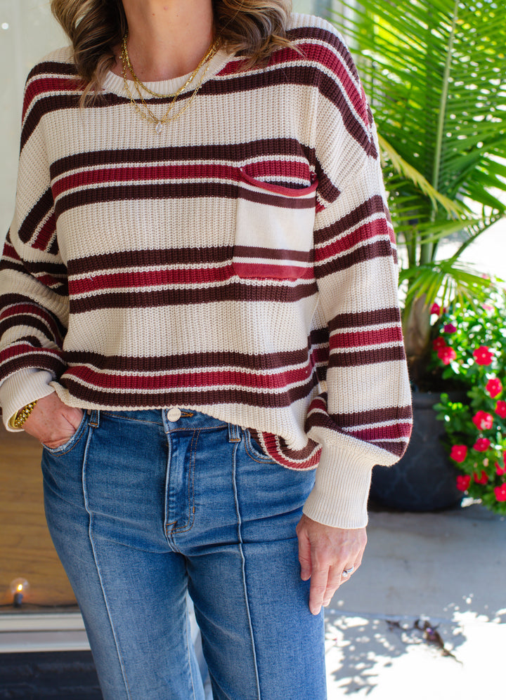 Autumn Colors Stripe Pocket Front Long Sleeve Sweater