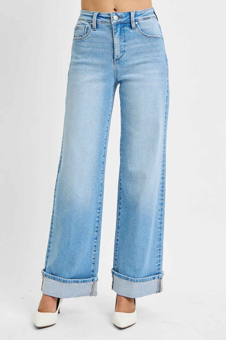 Risen High Rise Tummy Control Wide Leg jeans in Light Wash