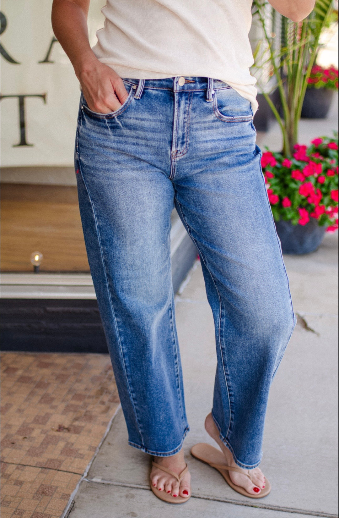 High Rise Crop Length Barrel Jeans Adjustable Waist in Dark Wash