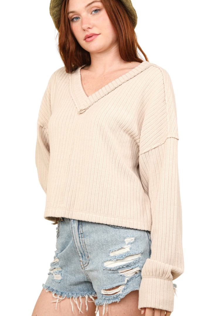 Comfort & Style V-Neckline Long Sleeve Top in Cream