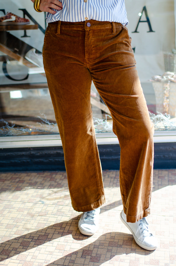 Risen Tummy Control Mid Rise Ankle Straight Corduroy Pants in Camel