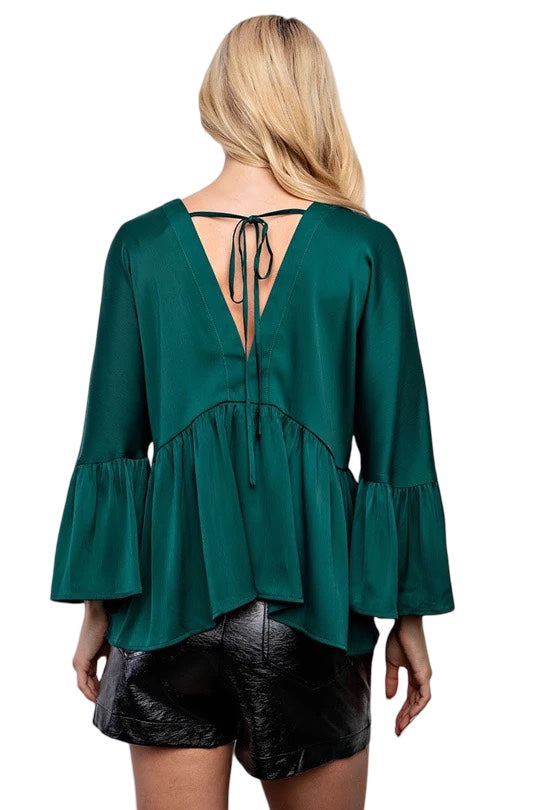 Heartbreaker Bell Sleeve Satin Top in Hunter Green