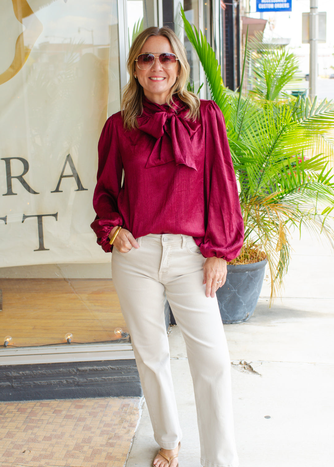 True Heart Bow Neckline Textured Satin Long Sleeve Blouse in Burgundy