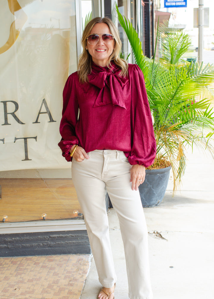 True Heart Bow Neckline Textured Satin Long Sleeve Blouse in Burgundy