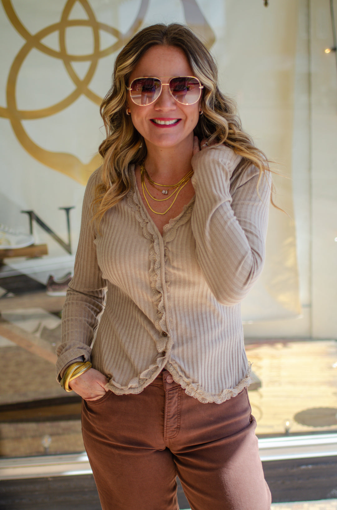 Our Love Button Down Lace Trim Knit Top in Taupe