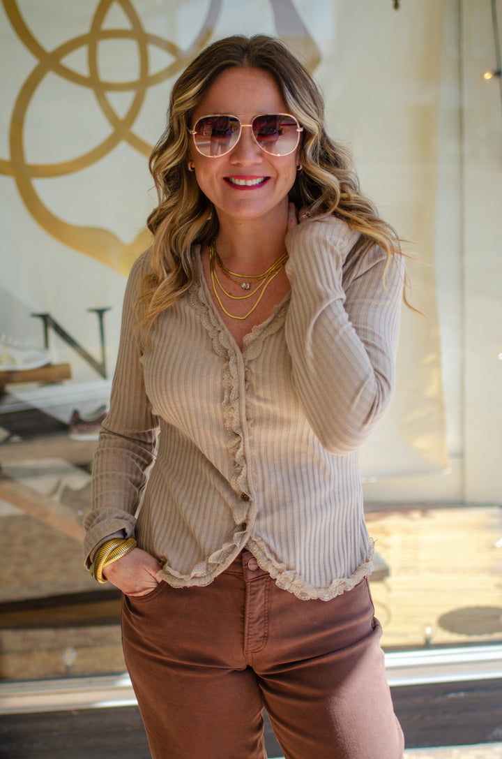 Our Love Button Down Lace Trim Knit Top in Taupe