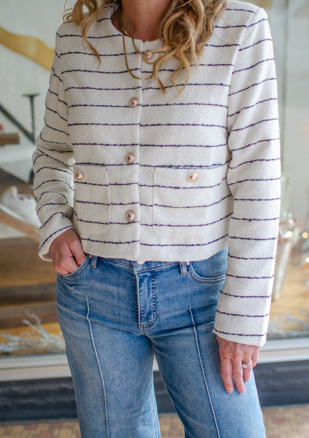 Classic Chic Button Down Stripe Blazer Top