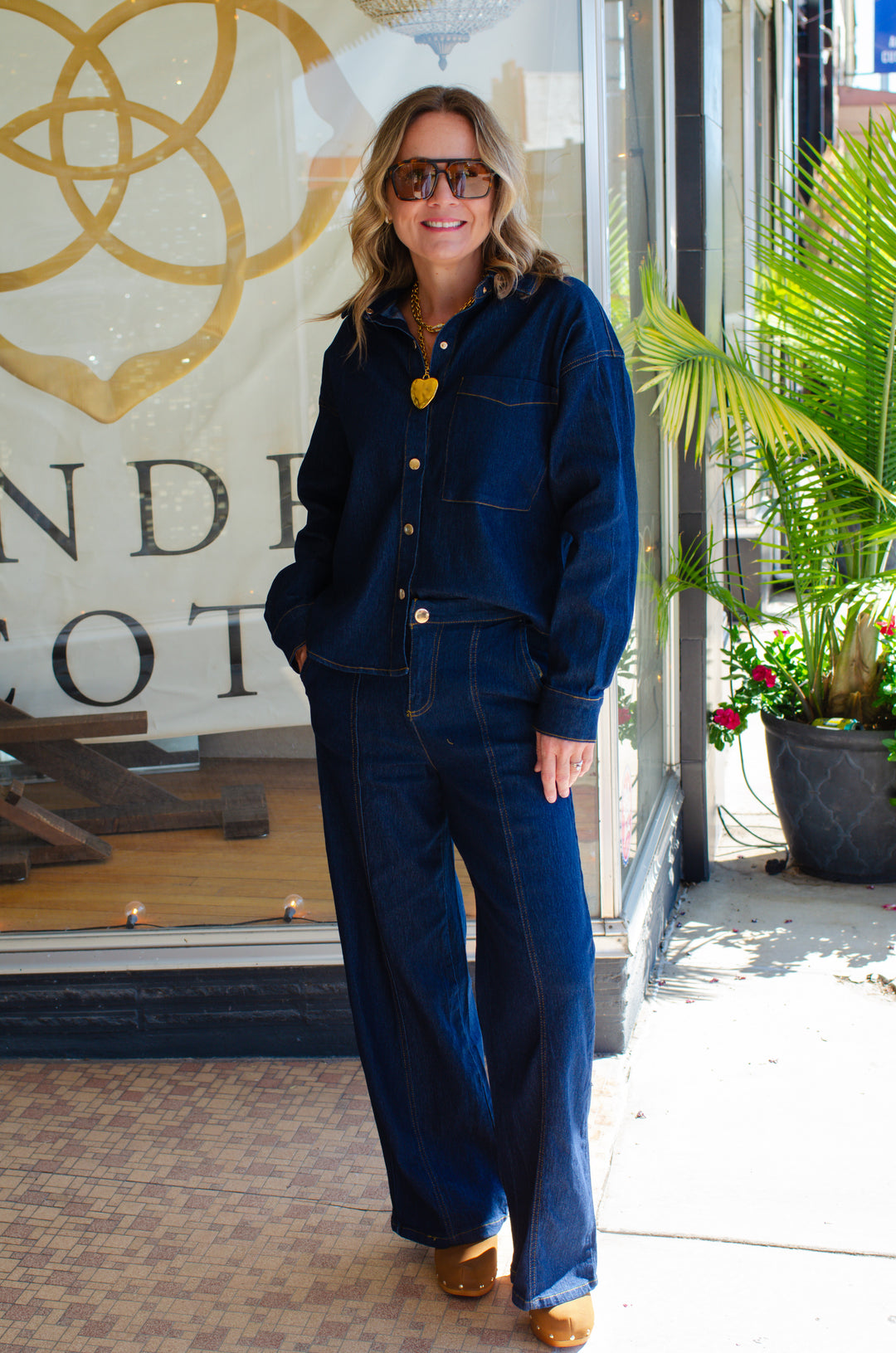 Denim Dreamer Wide Leg Seam Front Dark Denim Pants