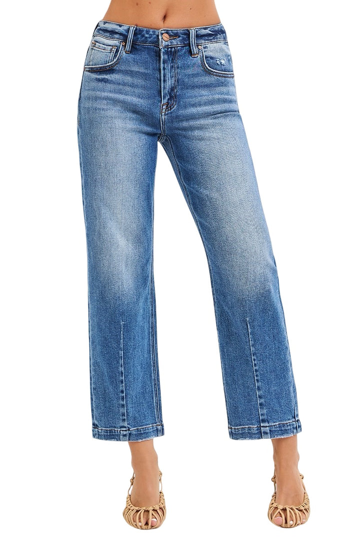Risen High Rise Crop Boyfriend Tapered Jeans in Dark Wash