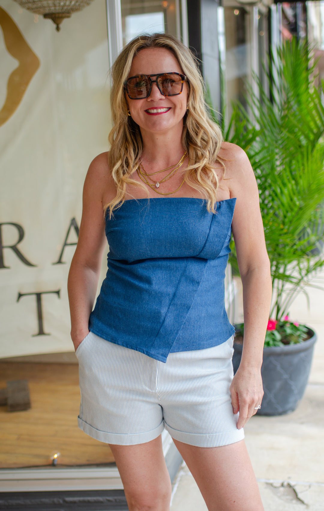Modern Take Strapless Asymmetrical Front Top in Denim