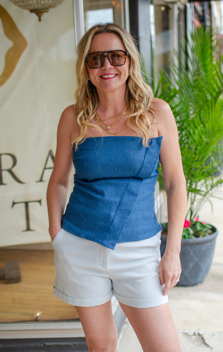 Modern Take Strapless Asymmetrical Front Top in Denim