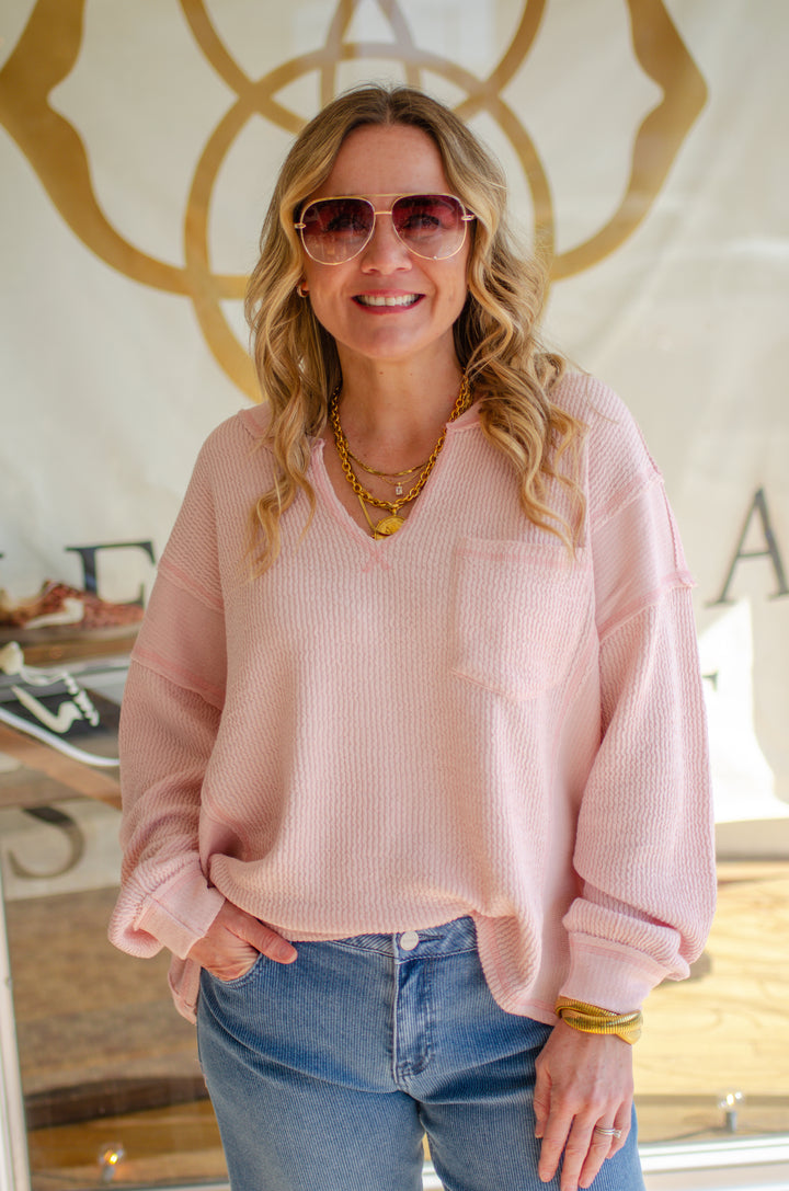 Classic Moment Oversized V-Neckline Long Sleeve Top in Light Pink