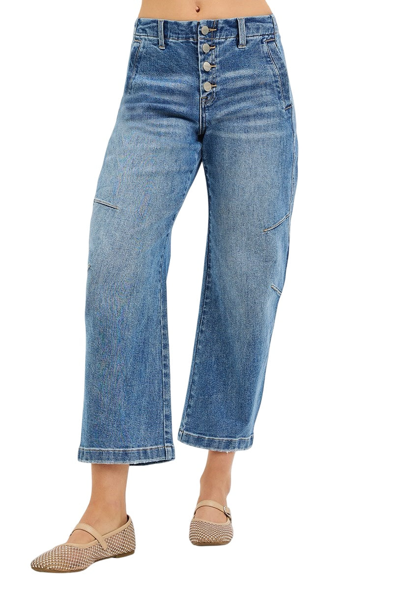 Risen Slouchy Crop Barrel Twist Seams Button Down Jeans in Medium Wash