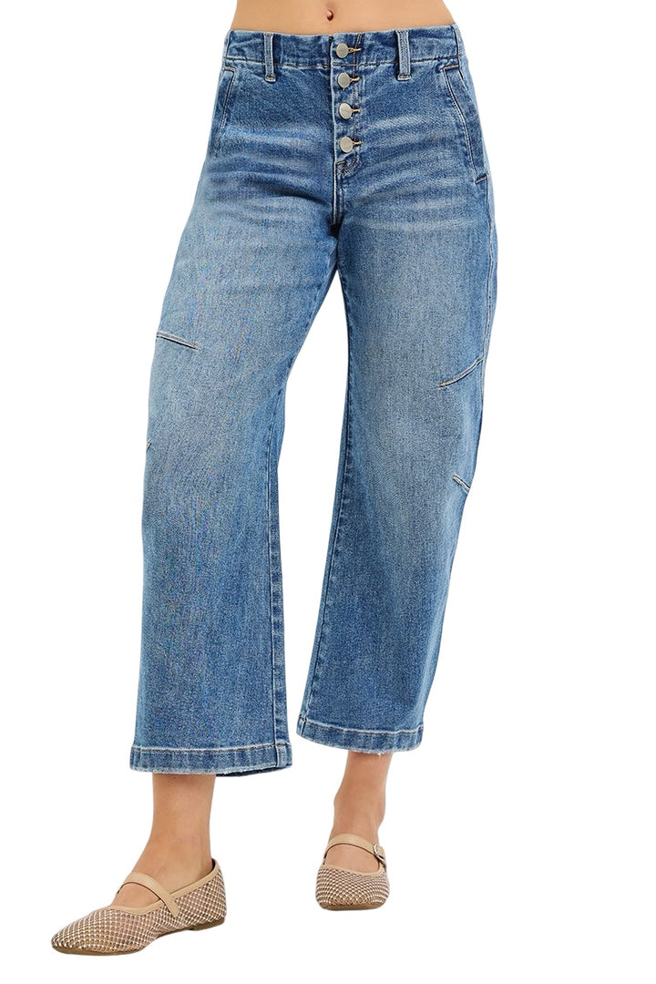 Risen Slouchy Crop Barrel Twist Seams Button Down Jeans in Medium Wash