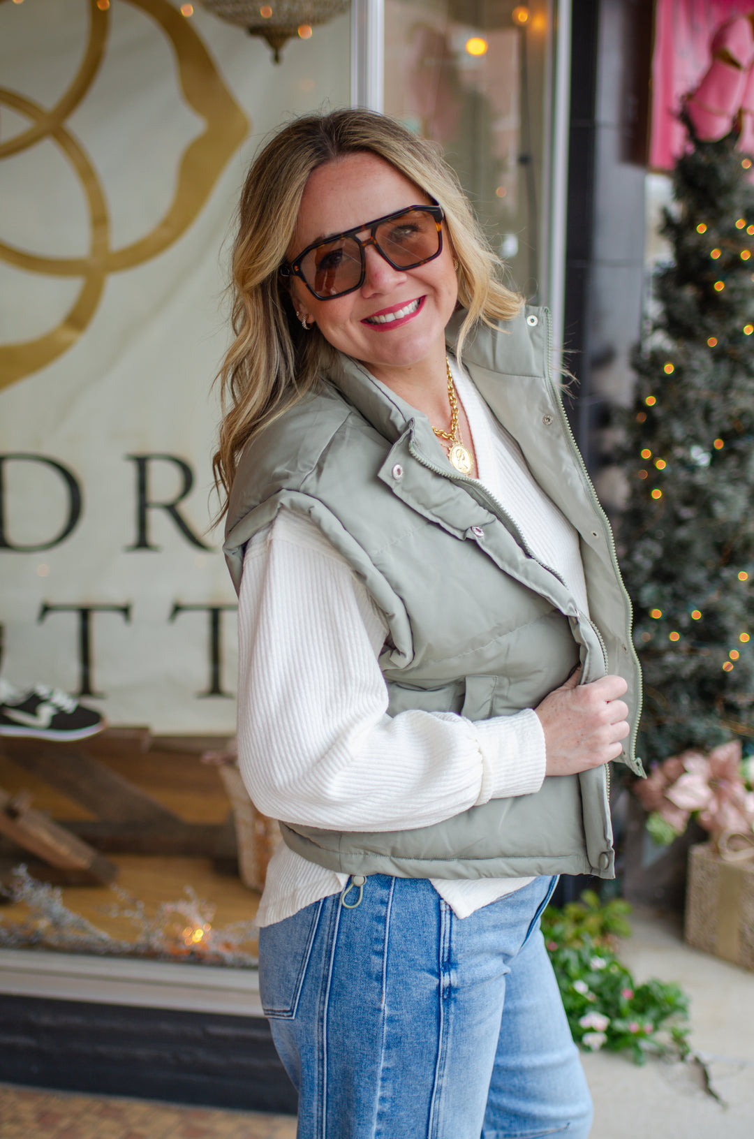 Classic Statement Puffer Vest in Sage