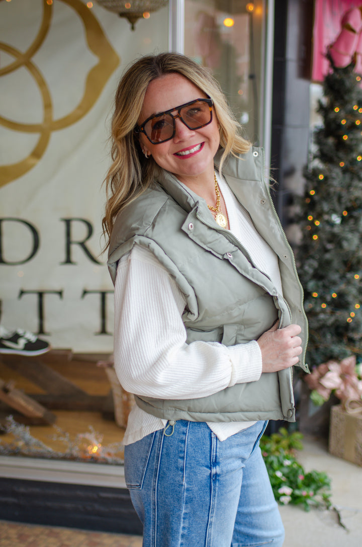 Classic Statement Puffer Vest in Sage