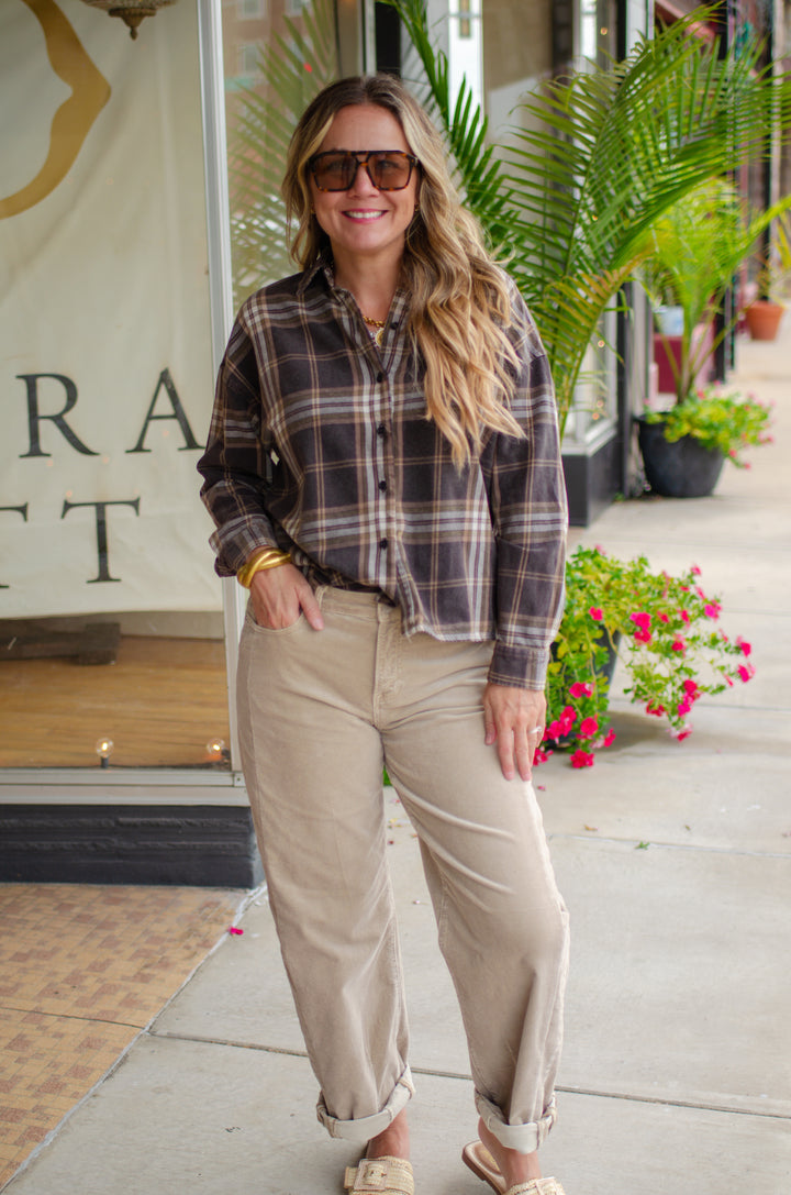 Good Times Plaid Button Down Collared Boxy Long Sleeve Shirt in Brown Mix
