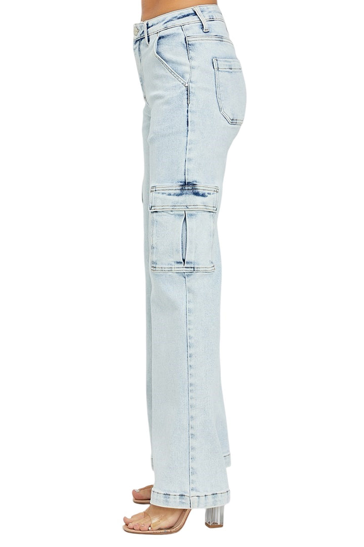 Risen High Rise Wide Leg Cargo Jeans in Light Wash