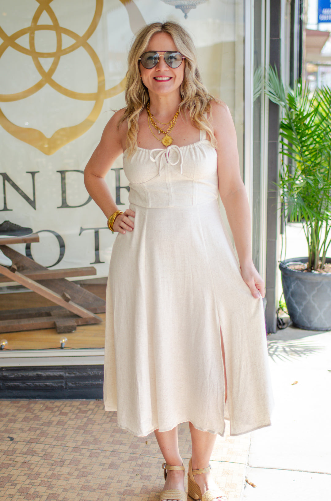 front tie linen dress Front tie Linen dress L / Cream White / Linen