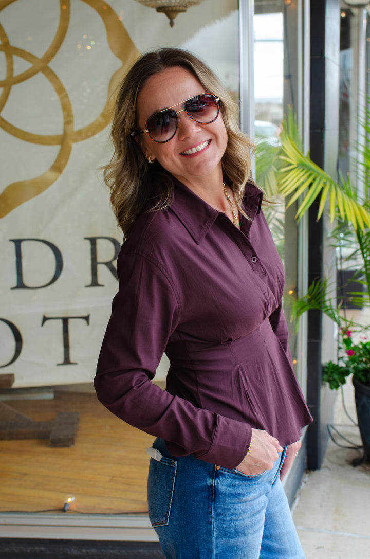 Sweet Moments Peplum Long Sleeve Collared Top in Plum