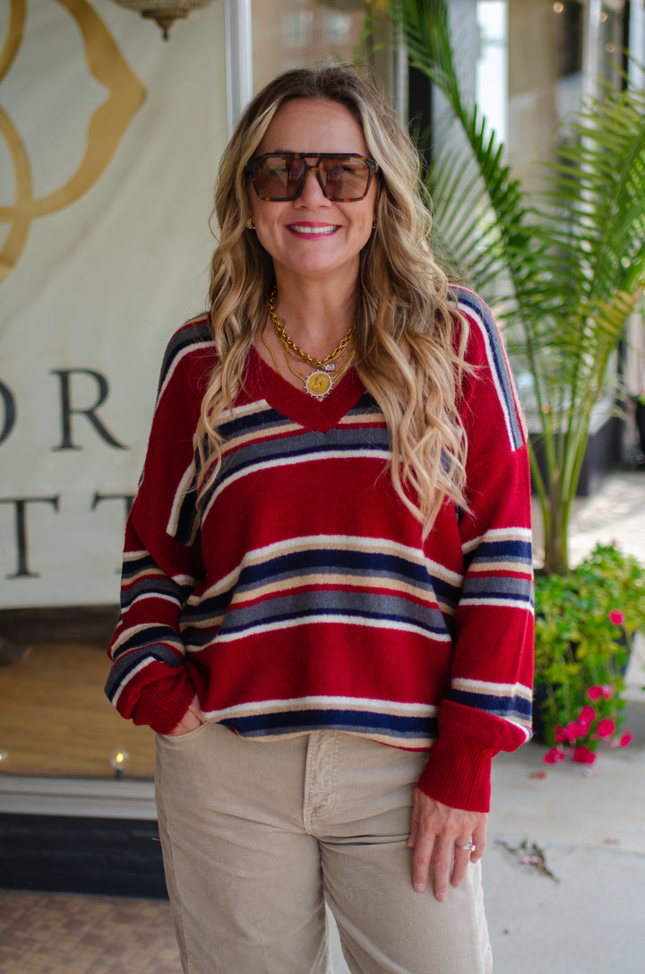 Change of Season Deep Red Stripe V-Neck Sweater