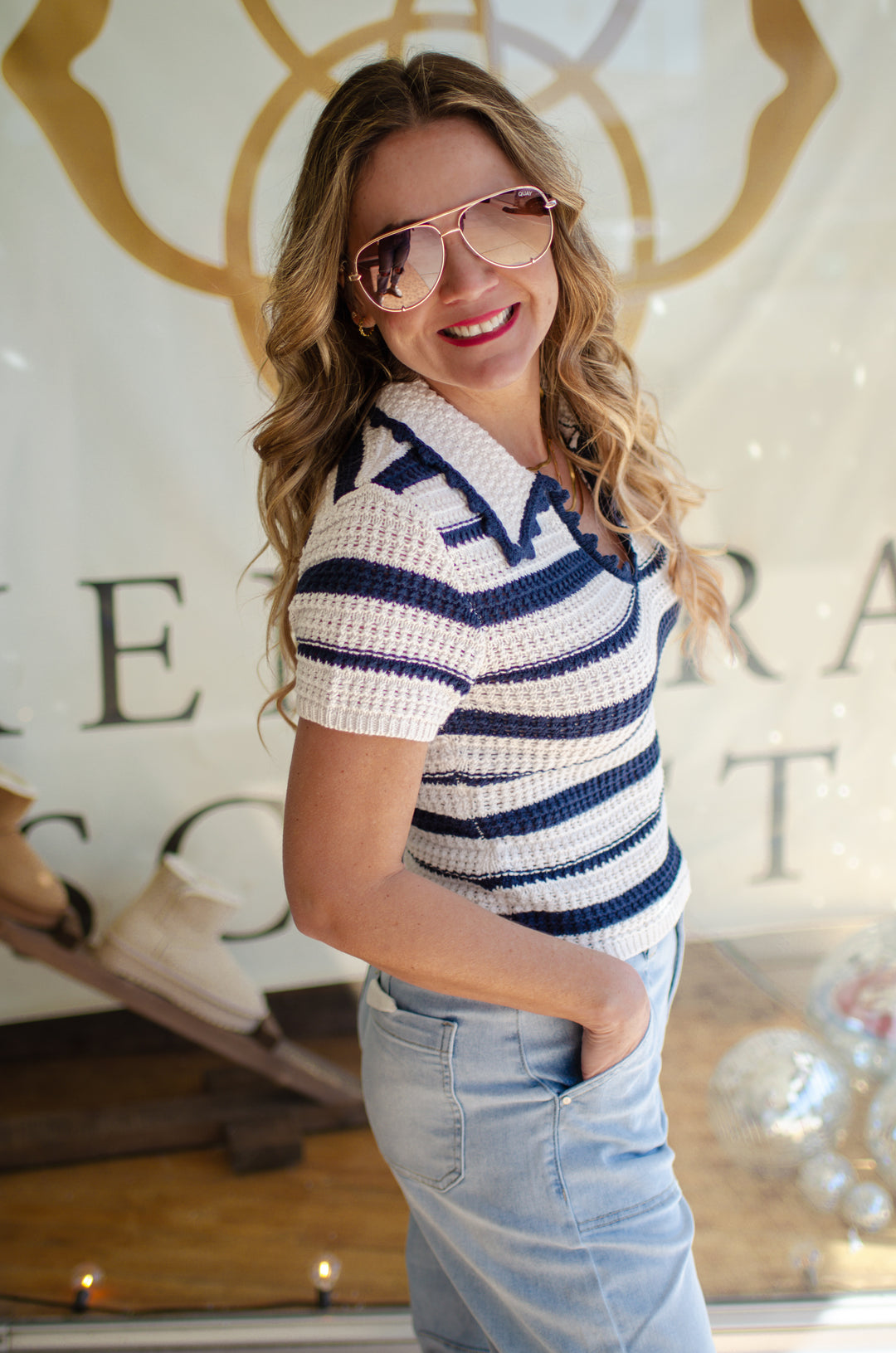 First Love Stripe Collated Scallop Trim Crochet Top in Navy & Cream