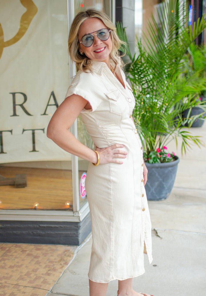 Day Date Denim Gold Button Down Ruched Dress in Cream