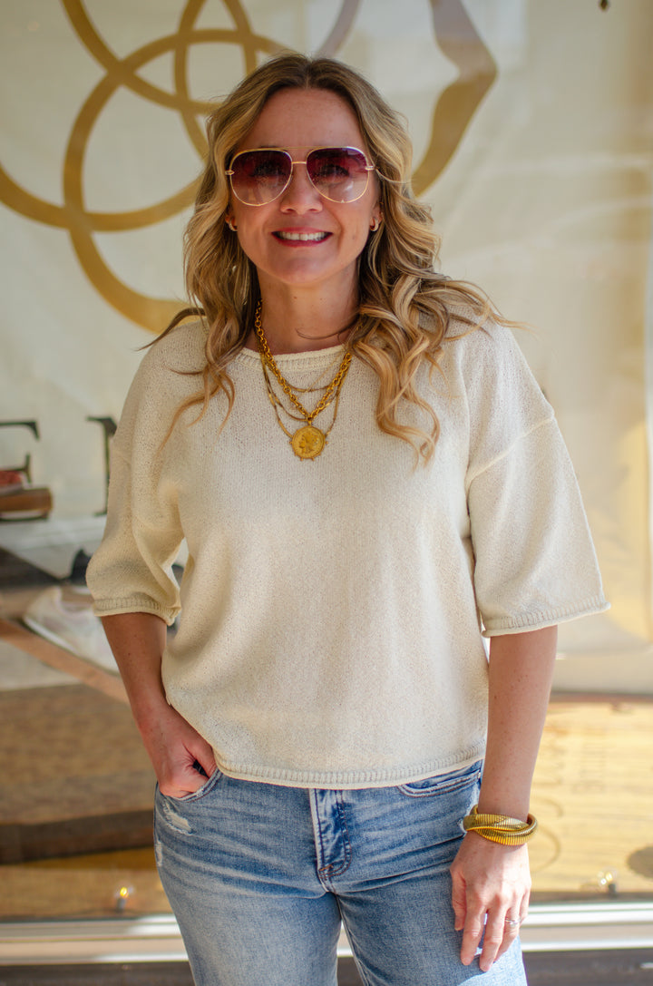 Spring Morning Cozy Knit Drop Shoulder Sweater Top in Cream