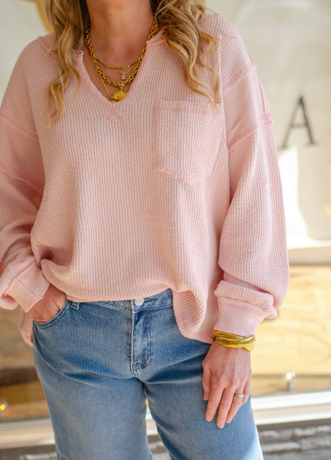 Classic Moment Oversized V-Neckline Long Sleeve Top in Light Pink