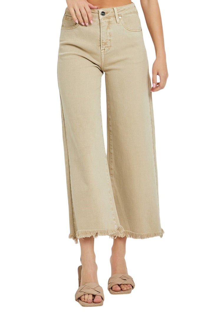 Risen High Rise Tummy Control Wide Crop Leg Jeans in Khaki