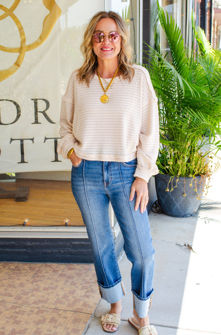 Cozy Moment Textured Round Neck Long Sleeve Top in Cream