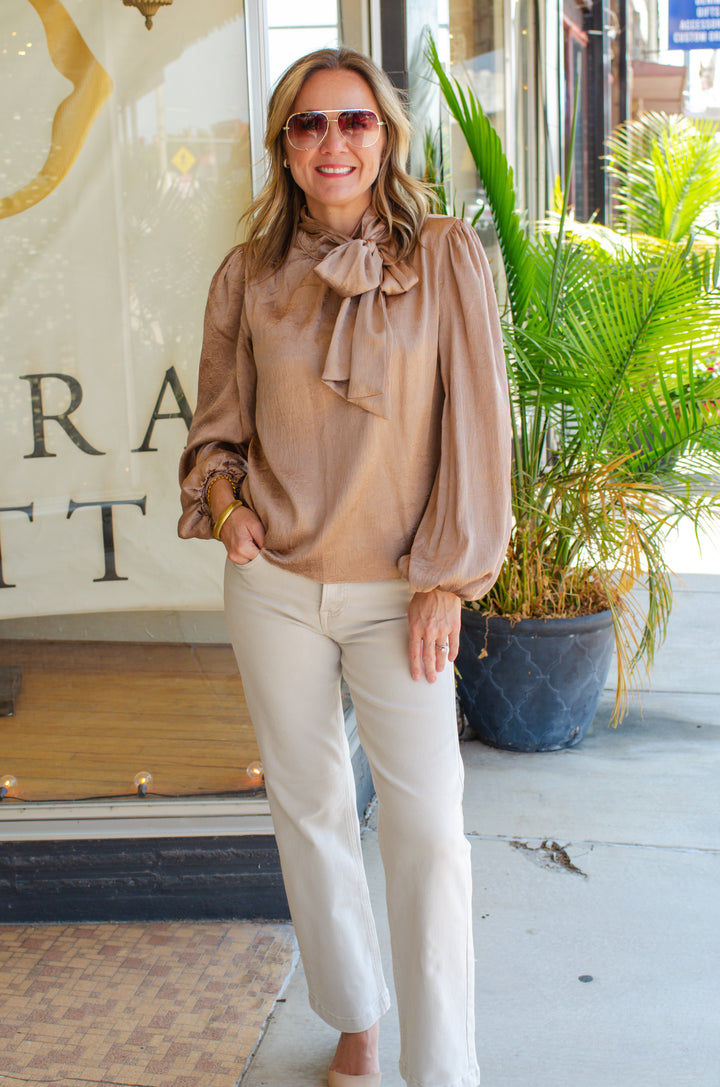 True Heart Bow Neckline Textured Satin Long Sleeve Blouse in Mocha