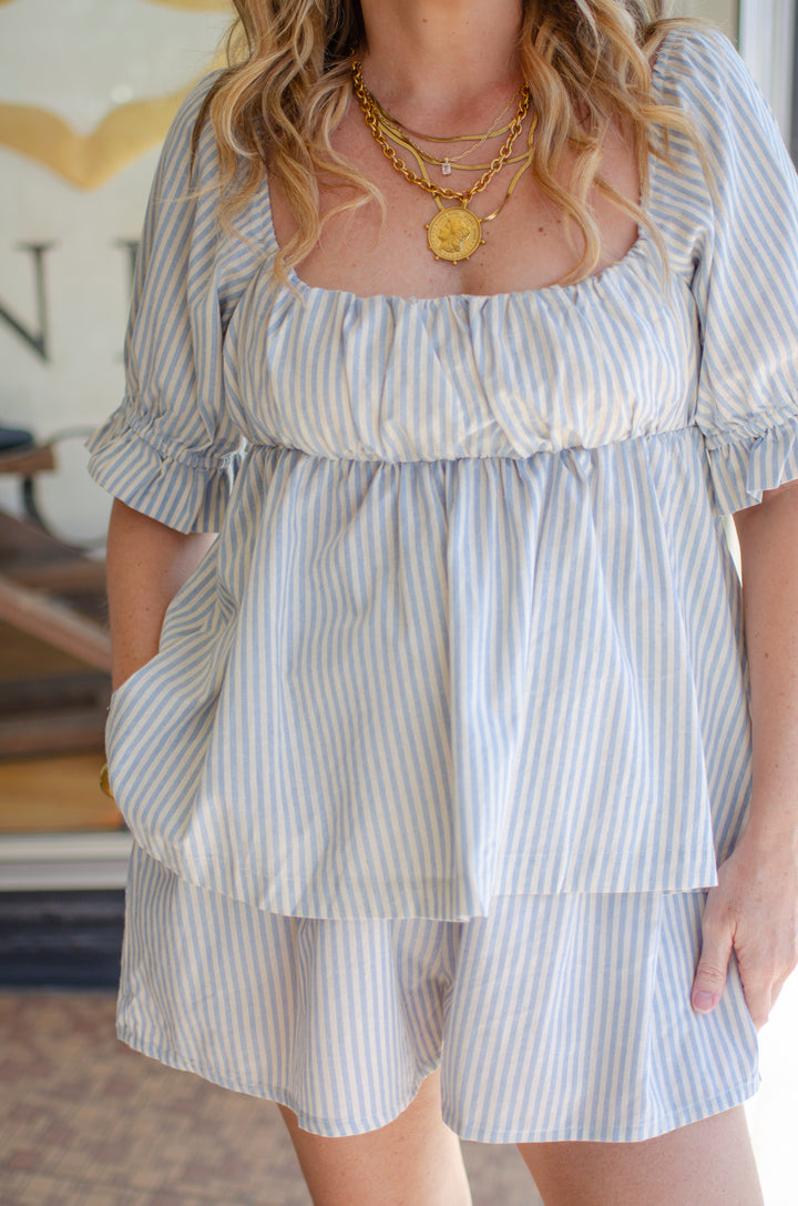 Sweet Moments Blue & Cream stripe pull on shorts