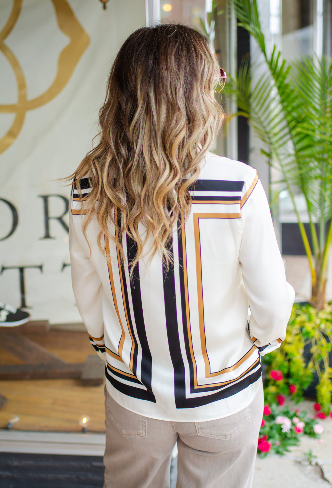 Perfectly Posh Button Down Top with Neck Scarf in Cream