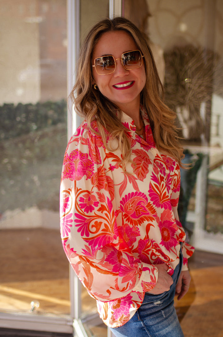 Topical Delight Pink & Orange Floral Print Button Down Top