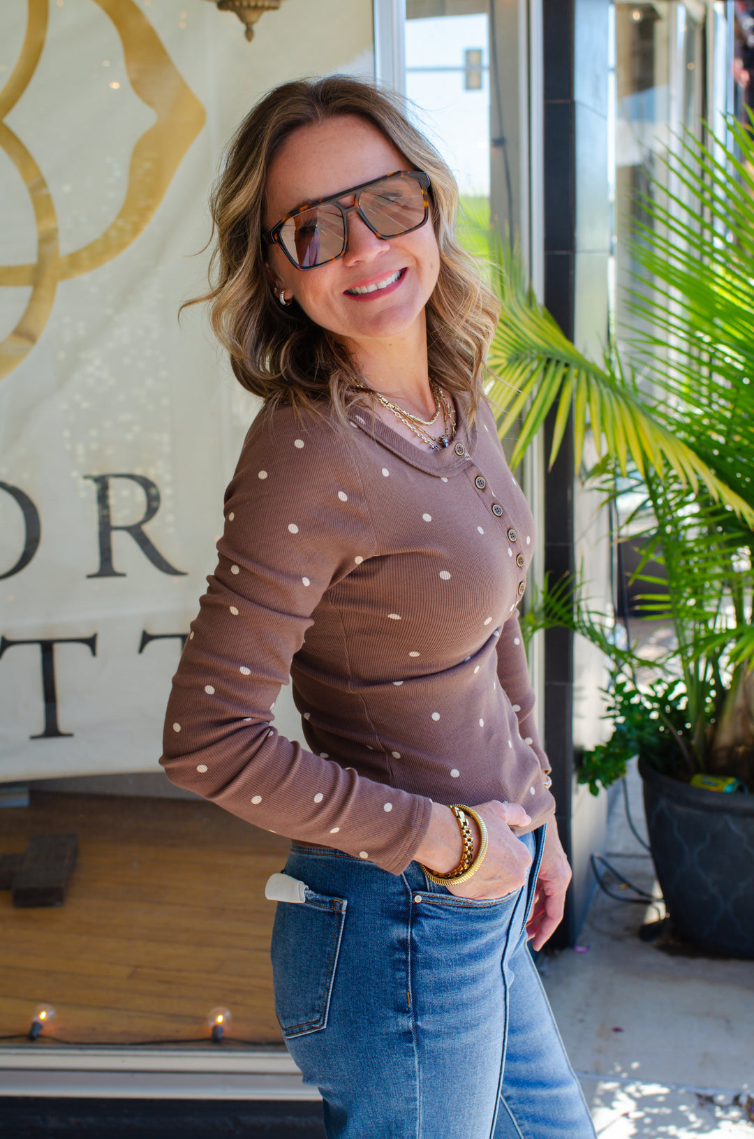 Count On Me Polka Dot Button Down Long Sleeve Fitted Top in Chocolate Brown