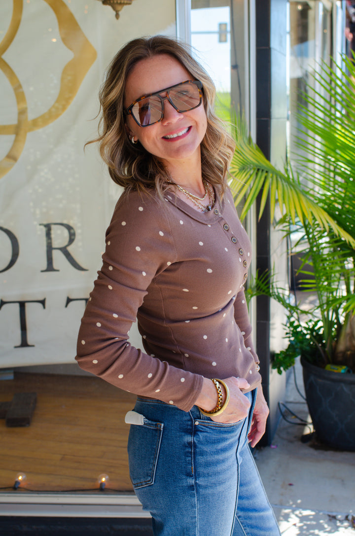 Count On Me Polka Dot Button Down Long Sleeve Fitted Top in Chocolate Brown