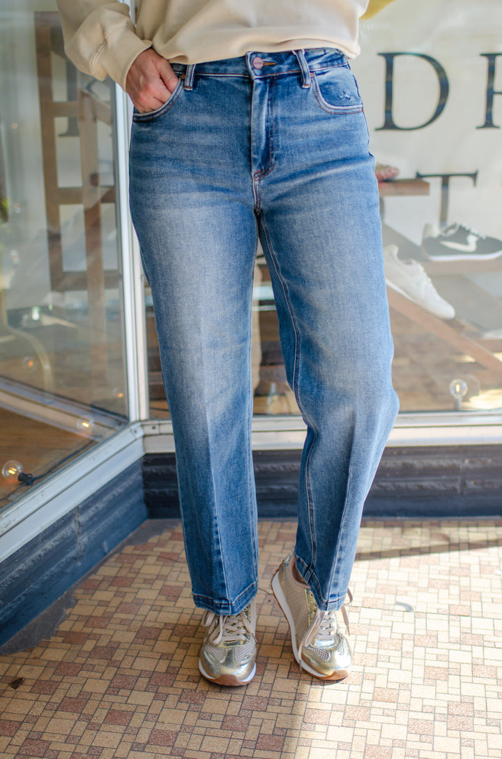 Risen High Rise Crop Boyfriend Tapered Jeans in Dark Wash