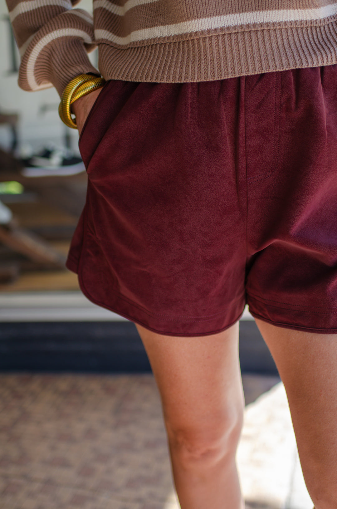 Falling For You Faux Suede Stretch Waistline Shorts in Burgundy
