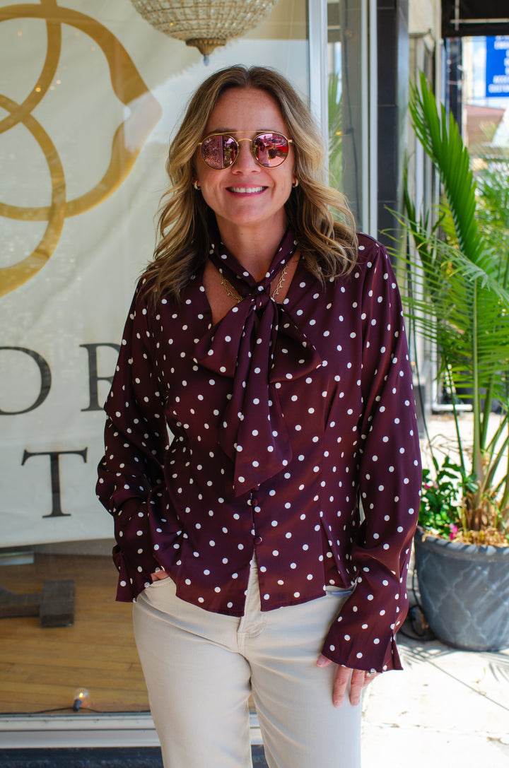 Make Your Mark Polka Dot Tie Neck Long Sleeve Top in Burgundy