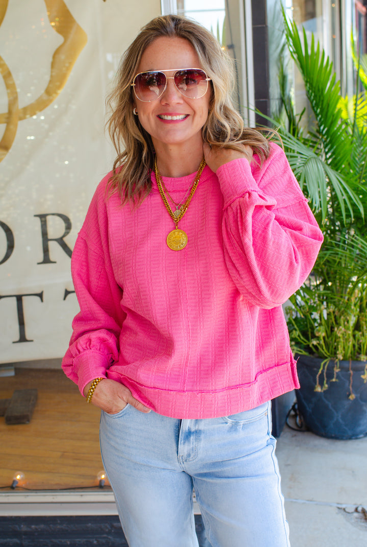 Breathless Modern Textured Boxy Long Sleeve Top in Pink