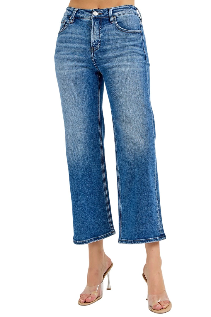 Risen Mid Rise Tummy Control Mid Rise Crop Jeans in Medium Wash