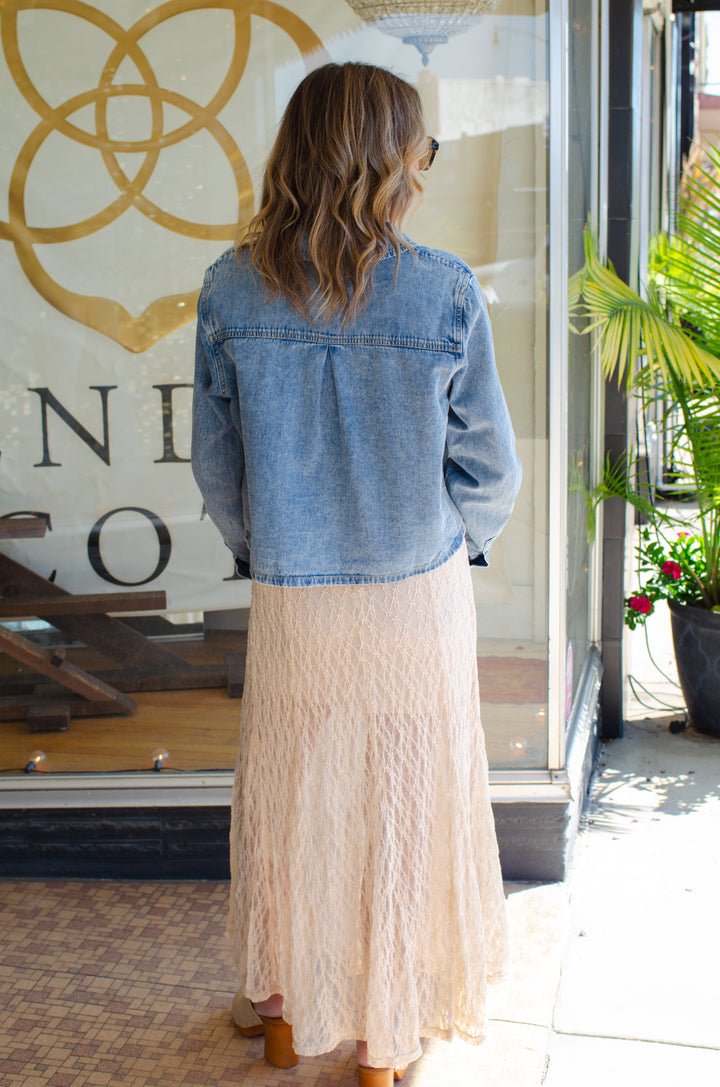 Boho Babe Sheer Lace Midi Skirt in Champagne