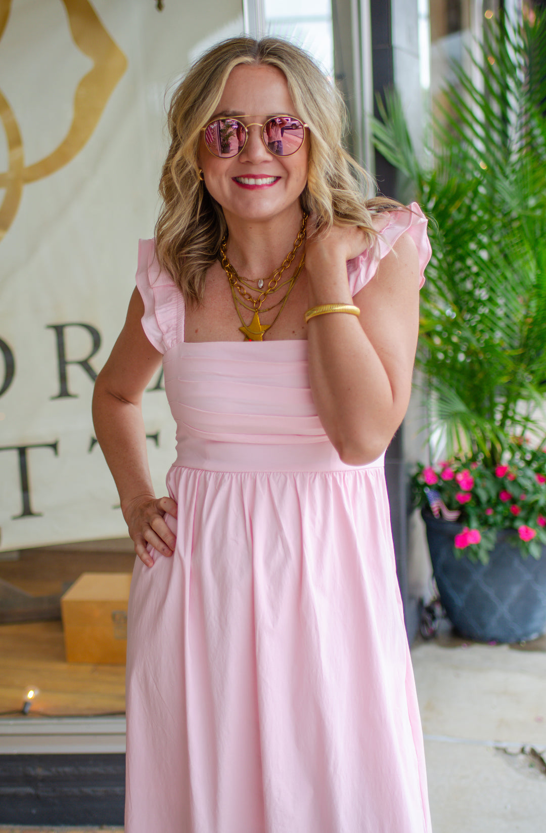 Whimsical Beauty Ruffled Shoulder Empire Waist Maxi Dress in Pink