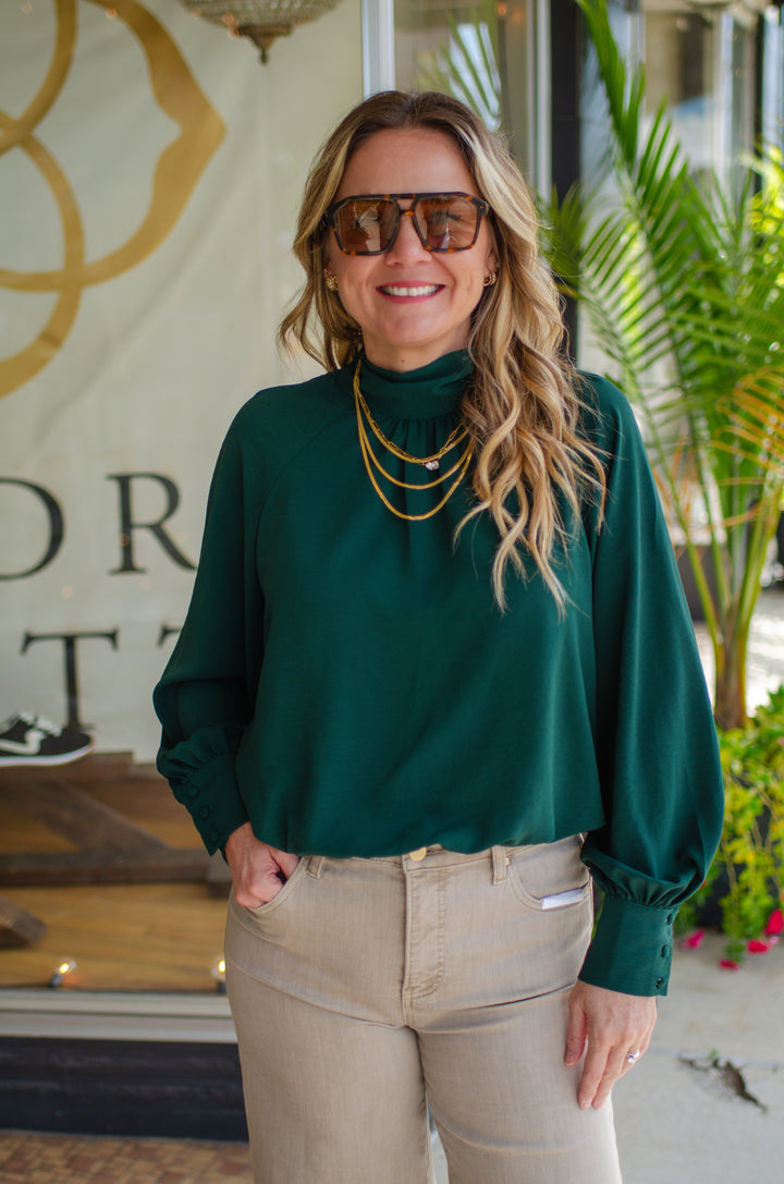 Take Your Time High Necklace Bubble Hem Long Sleeve in Emerald