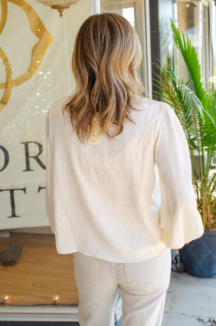 True Heart Bow Neckline Textured Satin Long Sleeve Blouse in Ivory