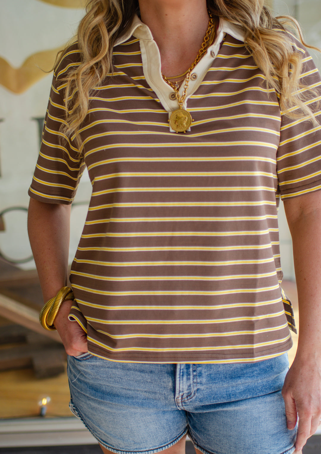 Retro Style Stripe Collared Short Sleeve Top in Mocha