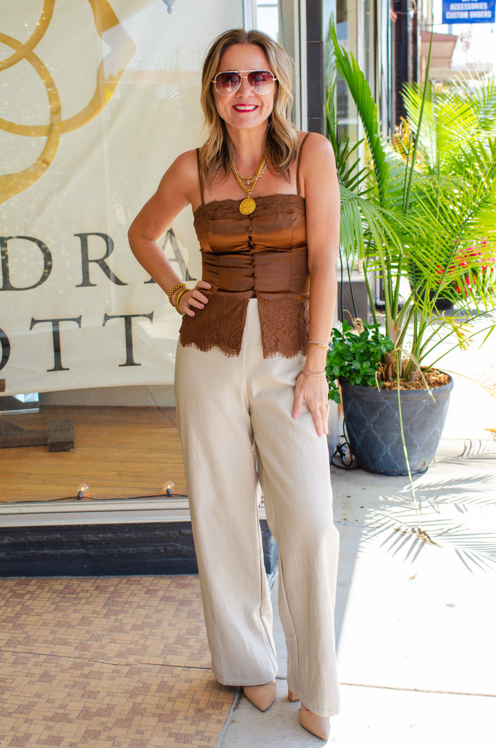We Belong Together Faux Leather Wide Leg Pant in Taupe Cream