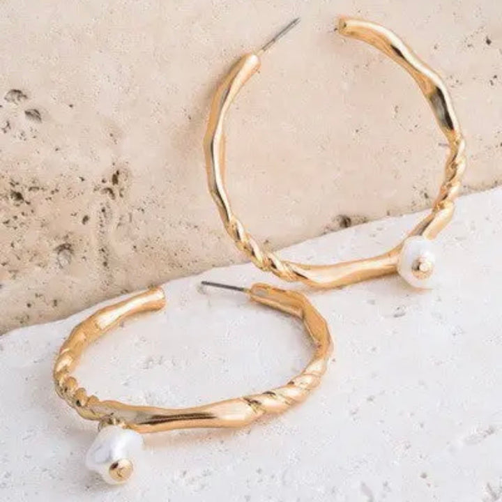 Pearl Drop Twisted Hoop Earrings
